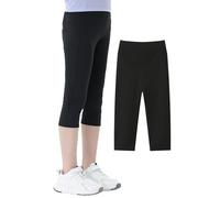 Maeau Girls Capris Leggings Dance Athletic Cropped Leggings Kids Elastic Compression 3/4 Workout Tight Pants with Pockets Running Yoga Stretch Leggings 01 Black 10-11 Y