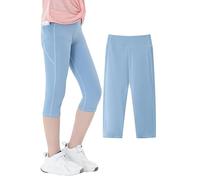 Maeau Girls Capris Leggings Dance Athletic Cropped Leggings Kids Elastic Compression 3/4 Workout Tight Pants with Pockets Running Yoga Stretch Leggings 01 Light Blu 10-11 Y