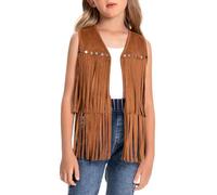 Maeau Girls Faux Suede Fringe Vest Sleeveless Boho Tassels Jacket 60s 70s Vintage Hippie Waistcoat Western Cowgirl Streetwear Daily Party Outfit Brown 9-10 Years