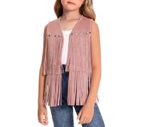 Maeau Girls Faux Suede Fringe Vest Sleeveless Boho Tassels Jacket 60s 70s Vintage Hippie Waistcoat Western Cowgirl Streetwear Daily Party Outfit Pink 9-10 Years