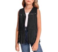 Maeau Girls Faux Suede Fringe Vest Sleeveless Boho Tassels Jacket 60s 70s Vintage Hippie Waistcoat Western Cowgirl Streetwear Daily Party Outfit Black 9-10 Years