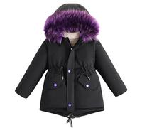 Maeau Girls Long Parka Winter Coat Thick Warm Puffer Jacket with Faux Fur Hood Fleece Lined Parka Padded Overcoat with Pockets Solid Black 3-4 Y