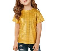 Maeau Girl's Metallic T-Shirts Shiny Plaid Tops Disco Outfits Round Neck Short Sleeve Dance Tops Jazz Hip Hop Modern Dancewear Gold 11-12 Years