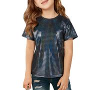 Maeau Girl's Metallic T-Shirts Shiny Plaid Tops Disco Outfits Round Neck Short Sleeve Dance Tops Jazz Hip Hop Modern Dancewear Black 11-12 Years