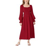 Maeau Girls Renaissance Dress Long Sleeve Solid Casual Maxi Dresses Vintage Medieval Retro Solid Saqure Neck Dress Spring Autumn Summer Dresses with Elasticated Cuffs Red 11 Years