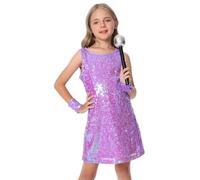 Maeau Girls Sequin Dress Sparkly Sleeveless Dresses Birthday Prom Concert Party Outfit with Glitter Microphone Prop and Sequin Wristbands Purple 8-9 Years