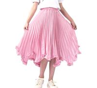 Maeau Girls Shiny Skirt Summer Spring Ruffle A-line Midi Knee Legnth Skrits Pleated Irregular Hem Elegant Solid Color Skirt with Lining Pink 13-14 Years