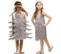 Maeau Girls Sleeveless Tassel Dress 1920s Flapper Dress with Feather Headband Red Black Kids Flapper Dress Costume 01 Silver 10-12 Y