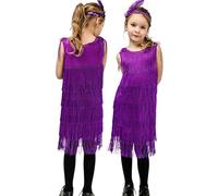 Maeau Girls Sleeveless Tassel Dress 1920s Flapper Dress with Feather Headband Red Black Kids Flapper Dress Costume 01 Purple 10-12 Y
