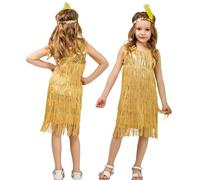 Maeau Girls Sleeveless Tassel Dress 1920s Flapper Dress with Feather Headband Red Black Kids Flapper Dress Costume 01 Yellow 10-12 Y