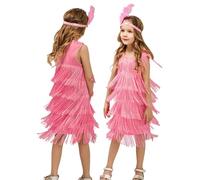Maeau Girls Sleeveless Tassel Dress 1920s Flapper Dress with Sequin Headband Vintage Party Dress Red Black Kids Flapper Costume 01 Pink 4-6 Y