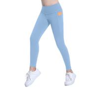 Maeau Girls Sports Leggings Full Length Athletic Gymnastics Leggings Elastic Yoga Dance Workout Tights Pants with Pockets Basic Plain Kids Leggings 02 Light Blu 10-11 Y
