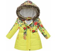 Maeau Girls Winter Puffer Coat Thickened Down Jacket Full Zip Long Printed Jacket Outerwear with Faux Fur Hood Yellow+Flower 3-4 Y