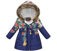 Maeau Girls Winter Puffer Coat Thickened Down Jacket Full Zip Long Printed Jacket Outerwear with Faux Fur Hood Navy+Flower 3-4 Y