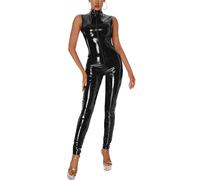 Maeau - Leather Bodysuit for Women Shiny Catsuit Latex Jumpsuit Lingerie Slim Zip Leotard Playsuit Black Wet Look Mini Dress Lace Thigh High Stockings for Pole Dance Party L