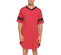 Maeau - Nightdress Mens Cotton Nightshirt V Neck Soft Loose Nightgown Short Sleeve Long T Shirt Sleeping Wear Summer Loungewear for Daily - L - Red