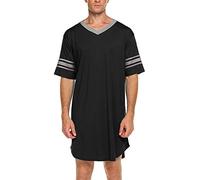 Maeau - Nightie Men Sleepwear Summer Soft Casual Nightgown V Neck Loose Nightshirt Short Sleeve T-shirt Pyjamas Loungewear - M - Black