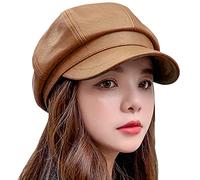 Maeau - Painter Hat Cabbie Cap Women Newsboy Hat PU Leather Beret Cap Vintage Baker Boy Hats Peaked Winter Hat - Light Coffee