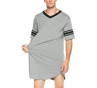 Maeau - Pajama Sleep Shirt Men Nightdress Summer Soft Cotton Long Shirt Casual Loose Nightshirt Short Sleeve V-neck Daily for Home Living Room - XXL - Gray
