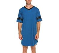 Maeau - Pajama Sleep Shirt Men Nightshirt Summer Soft Cotton Long Casual Loose Nightdress Short Sleeve V-neck Daily for Home Living Room - XXL - Blue