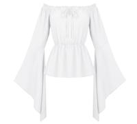 Maeau Renaissance Top Woman Steampunk Blouse Gothic Victorian Shirt Bell Long Sleeve White XL