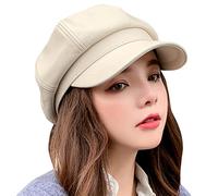 Maeau - Visor Newsboy Cap Women Beret Cap Elegant PU Leather Cabbie Cap Vintage Painter Hat Baker Boy Hats Peaked Winter Hat - Beige