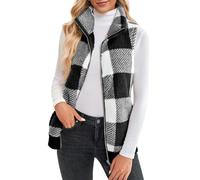 Maeau Women's Fleece Gilet Checked Jacket Bodywarmer Sleeveless Coat Plush Vest Jacket Ladies Zip-Up Waistcoat with Pocke Lightweight Outwear for Autumn Winter