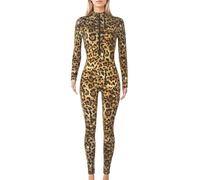 Maeau Women's Jumpsuit One-Piece Long Sleeve Catsuit Leopard Bodycon Jumpsuit Elastic Stand-Up Collar Playsuit Front Zip Bodycon Jumpsuit S-XL, Brown Black, S
