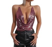 Maeau Womens Metal Chain Top Shiny Backless Halter Neck Vest Deep V Sequin Cami Crop Tops for Dance Rave Party Nightclub Burgundy Large