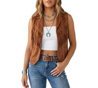 Maeau Women's Tassel Vest 70s Hippie Vests Faux Suede Waistcoat Sleeveless Crop Vest Open Front Fringe Cowgirl Outfit XS-L