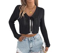 Maeau Womens Y2K Crochet Cardigan Knitted Cropped Cardigans Trendy Tie Front Shrug Sweater Bolero V-Neck Shrugs Sweaters Black S
