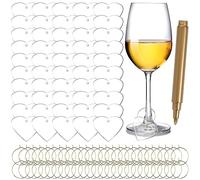 MaehSab 50 Pcs Wine Glass Charms Tags with 1 Marker Pen, DIY Acrylic Drink Markers, Heart Shape Name Tags for Champagne Flutes Cocktails Martinis Wine Stem Glass Bar Party