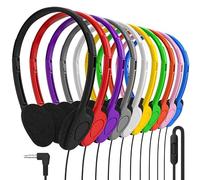 Maeline Bulk Classroom Headphones with Microphone - 20 Pack Multicolor Wired On-Ear Headsets, Adjustable 3.5mm Plug, Individually Wrapped for Schools, Libraries & Labs