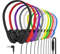 Maeline Bulk Headphones with Microphone, 20 Pack Multicolor Wired On-Ear Headsets - 3.5mm Jack, Leatherette Cushions, Adjustable Headband - for Classrooms, Libraries, Remote Learning, Office