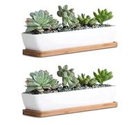 Maerskye White Succulent Planter Pot, 2 Set of 10.9 inch Long Rectangle White Ceramic Container Potwith Bamboo Saucers Plant for Indoor Outdoor Home Garden Kitchen Decor,Plant not Include.