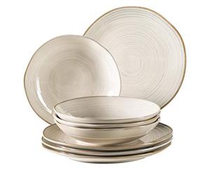 MÄSER 931371 Series Nottingham Vintage Plate Set for 4 People, 8-Piece Dinner Service with Dinner Plate and Soup Plate in Irregular Round Retro Look, Stoneware, Beige
