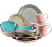 MÄSER 931499 Bel Tempo II 16 Piece Vintage Tableware Set for 4 People Hand Painted Ceramic Crockery Set, Colourful Stoneware, Smoke Blue/Turquoise/Green/Pink