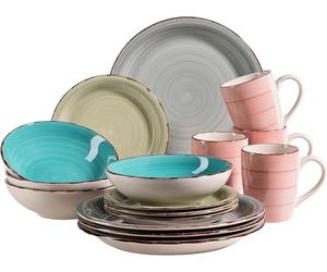 MÄSER 931499 Bel Tempo II 16 Piece Vintage Tableware Set for 4 People Hand Painted Ceramic Crockery Set, Colourful Stoneware, Smoke Blue/Turquoise/Green/Pink