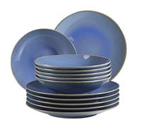 MÄSER 931554 Ossia Plate Set for 6 People in Vintage Mediterranean Look, 12 Piece Modern Dinner Set with Soup Plates and Dinner Plates in Light Blue, Ceramic