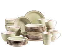 MÄSER 931616 Bel Tempo II 30-Piece Vintage Crockery Set for 6 People Hand-Painted Ceramic Crockery Set in Green Stoneware
