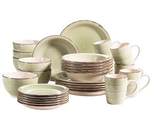 MÄSER 931616 Bel Tempo II 30-Piece Vintage Crockery Set for 6 People Hand-Painted Ceramic Crockery Set in Green Stoneware