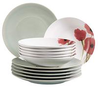 MÄSER 931928 Ossia Aguarela Plate Set for 6 People in Partially Decorated Vintage Look, 12-Piece Dinner Set, 6X Light Turquoise Dinner Plates and 6X Soup Plates with Decoration, Poppy, Stoneware