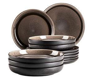 MÄSER Niara 934021, Modern Plate Set for 6 People in Exciting Vintage Look, 12-Piece Ceramic Dinner Service in Grey and Black, Stoneware