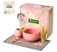 Maestri House Matcha Whisk Set, 7 Pcs of Ceramic Matcha Kit, Includes Matcha Bowl, Matcha Whisk and Holder, Tea Scoop, Scoop Rest, Steel Sifter and Tea Cloth - Gift for Matcha Lovers and Family-Pink