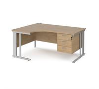 Maestro 25 left hand ergonomic desk 1600mm wide with 3 drawer pedestal - silver cable managed leg frame, kendal oak top