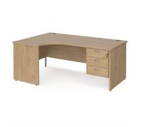 Maestro 25 left hand ergonomic desk 1800mm wide with 3 drawer pedestal - kendal oak top with panel end leg
