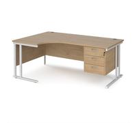 Maestro 25 left hand ergonomic desk 1800mm wide with 3 drawer pedestal - white cantilever leg frame, Kendal oak top