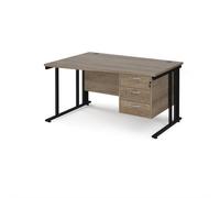 Maestro 25 left hand wave desk 1400mm wide with 3 drawer pedestal - black cable managed leg frame, nebraska oak top