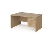 Maestro 25 left hand wave desk 1400mm wide with 3 drawer pedestal - kendal oak top with panel end leg
