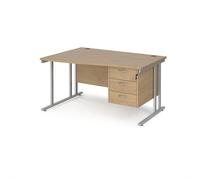 Maestro 25 left hand wave desk 1400mm wide with 3 drawer pedestal - silver cantilever leg frame, Kendal oak top
